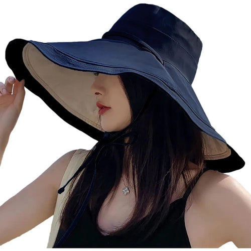 Reversible UV Protection Wired Edge Beach Bucket Wide Brim Sun Hat-Summer Hats-Arimonz-Navybeige-Arimonz