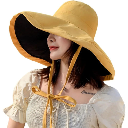 Reversible Wide Brim Sun Hat Wired Edge Beach Bucket Fishing Hat-Summer Hats-Arimonz-yellowblack-Arimonz
