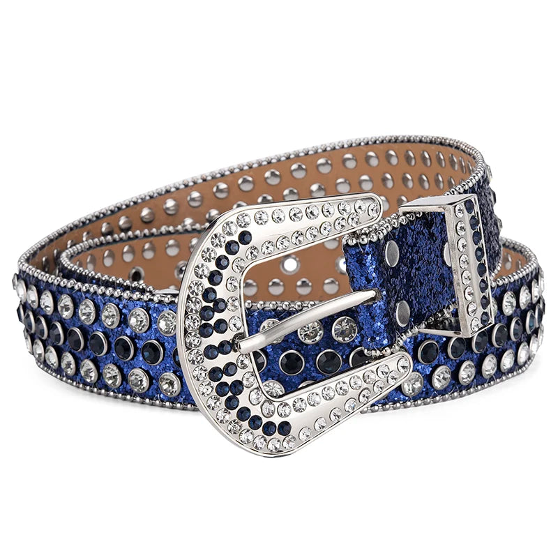 Rhinestone Large Size Belt Women Belt Western Denim Shiny Rivet Design-Belts-Arimonz-Sky blue-115cm/45inches-Arimonz