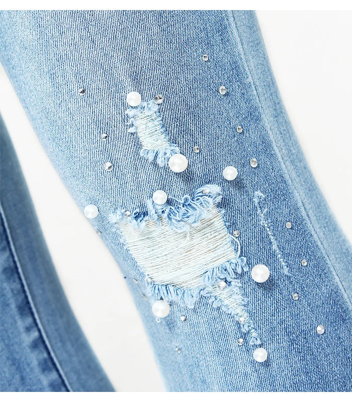Ripped Jeans With Beads Woman Stretchy Denim Skinny Pants Trousers-Skinny Jeans-Arimonz-Arimonz