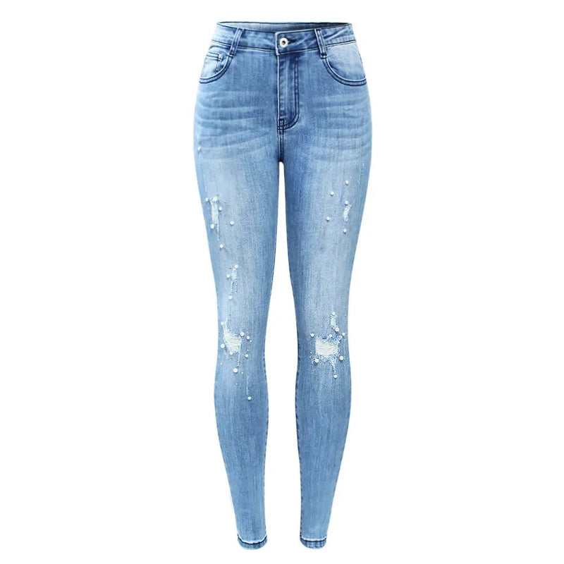 Ripped Jeans With Beads Woman Stretchy Denim Skinny Pants Trousers-Skinny Jeans-Arimonz-Arimonz