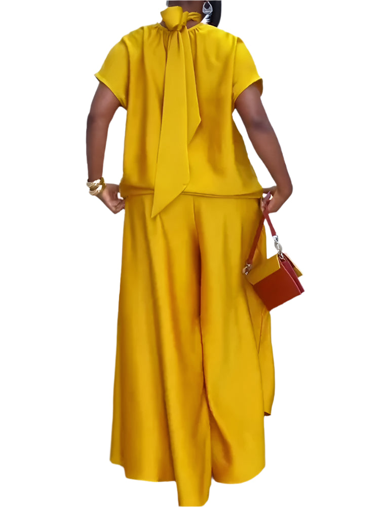 Satin Short Sleeve Turtleneck Top and Wide Leg Pants Outfit Set-Wear To Work Sets-Arimonz-Arimonz