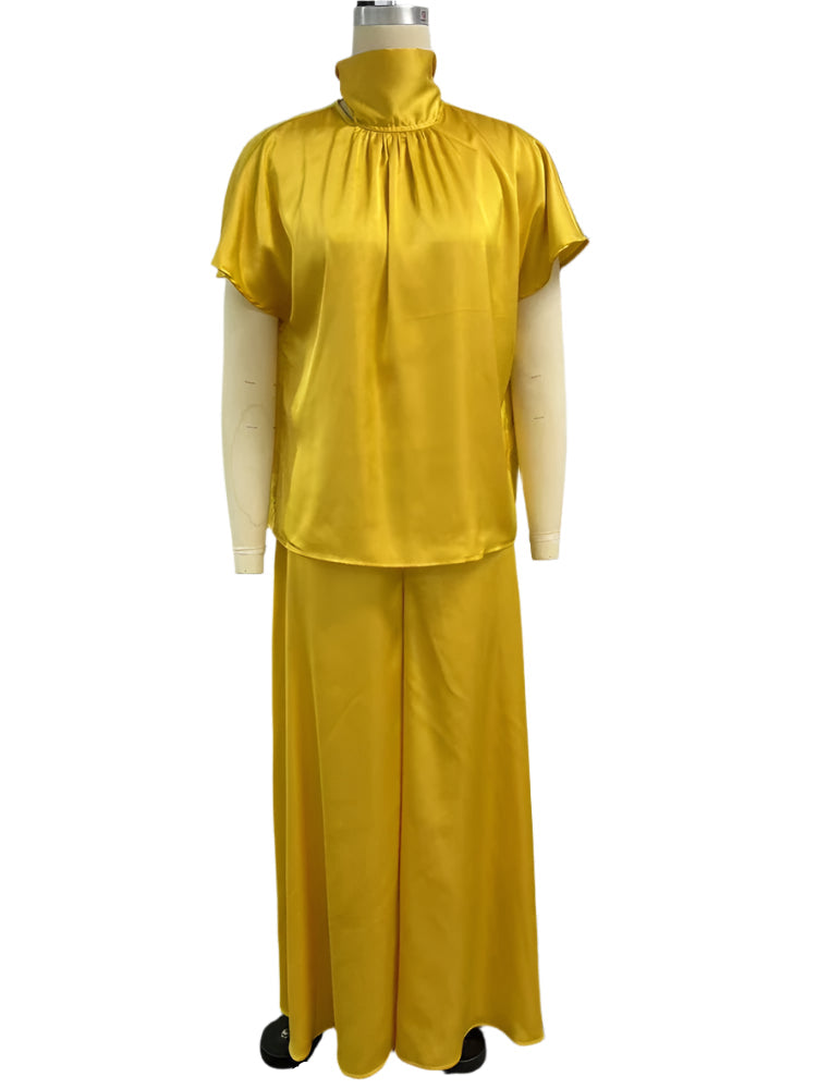 Satin Short Sleeve Turtleneck Top and Wide Leg Pants Outfit Set-Wear To Work Sets-Arimonz-Arimonz