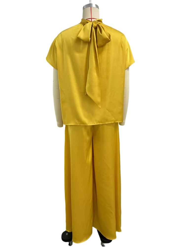 Satin Short Sleeve Turtleneck Top and Wide Leg Pants Outfit Set-Wear To Work Sets-Arimonz-Arimonz