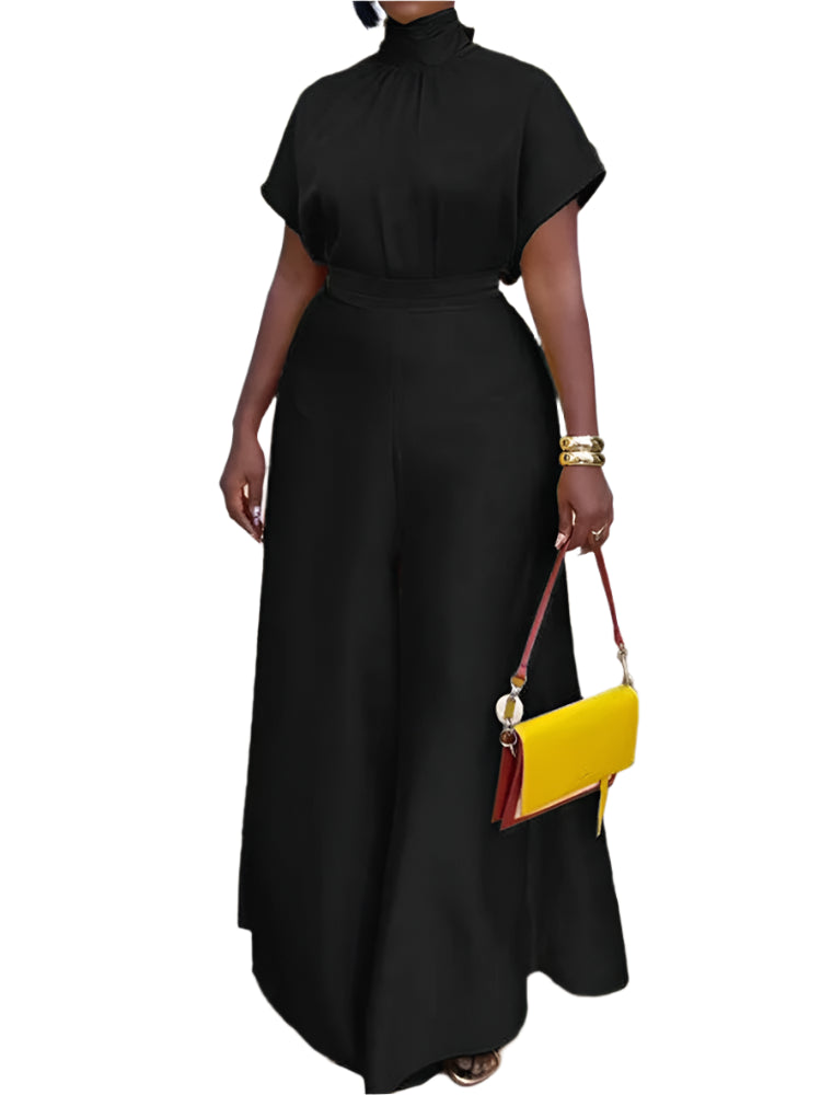 Satin Short Sleeve Turtleneck Top and Wide Leg Pants Outfit Set-Wear To Work Sets-Arimonz-Arimonz