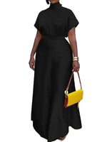 Satin Short Sleeve Turtleneck Top and Wide Leg Pants Outfit Set-Wear To Work Sets-Arimonz-black sets-S-Arimonz