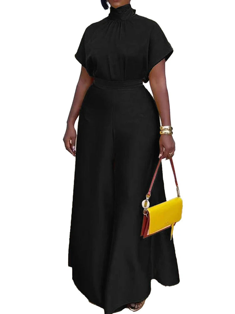Satin Short Sleeve Turtleneck Top and Wide Leg Pants Outfit Set-Wear To Work Sets-Arimonz-black sets-S-Arimonz