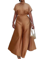 Satin Short Sleeve Turtleneck Top and Wide Leg Pants Outfit Set-Wear To Work Sets-Arimonz-brown sets-S-Arimonz