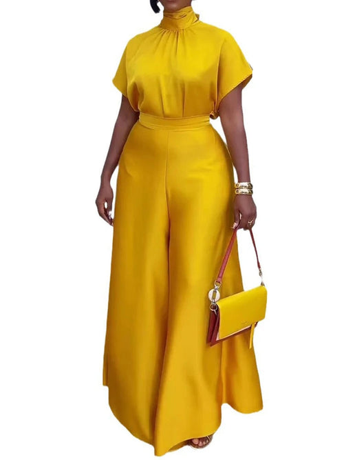 Satin Short Sleeve Turtleneck Top and Wide Leg Pants Outfit Set-Wear To Work Sets-Arimonz-yellow sets-S-Arimonz