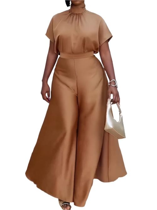 Satin Short Sleeve Turtleneck Top and Wide Leg Pants Outfit Set-Wear To Work Sets-Arimonz-Arimonz