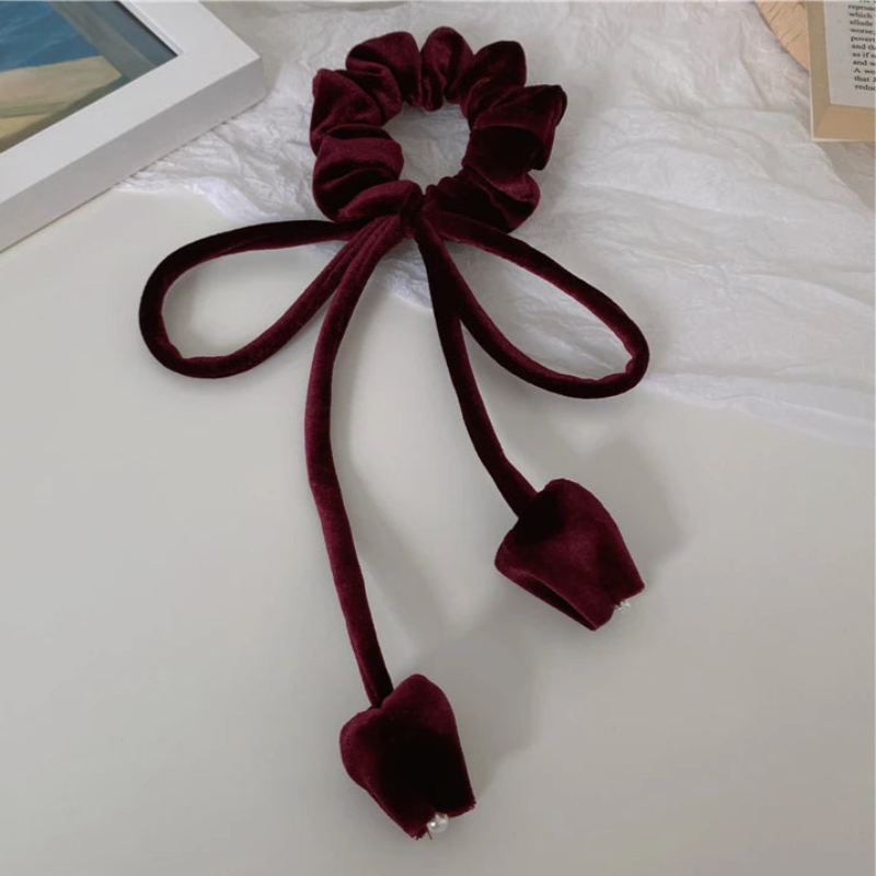 Sensation Retro Suede Velvet Ribbon Headrope Hair Loop Tulip Design-Hair Accessories-Arimonz-Wine Red-Arimonz