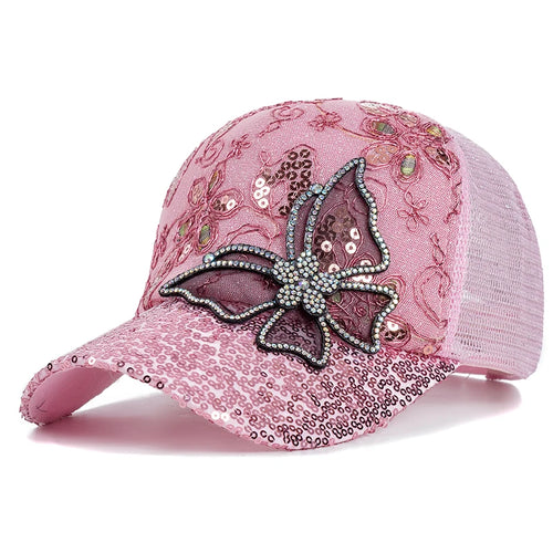 Sequins Flower Butterfly Adjustable Streetwear Summer Mesh Trucker Hat-Women's Caps-Arimonz-Pink-21-23in-Arimonz