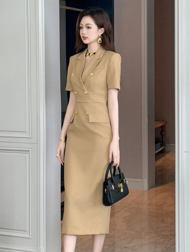 Short Sleeve High Waist Slim Midi Dress Business Formal Pencil Dress-Wear To Work Sets-Arimonz-Arimonz