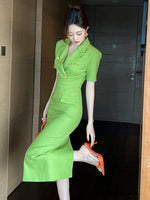 Short Sleeve High Waist Slim Midi Dress Business Formal Pencil Dress-Wear To Work Sets-Arimonz-Arimonz