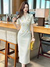 Short Sleeve High Waist Slim Midi Dress Business Formal Pencil Dress-Wear To Work Sets-Arimonz-Arimonz