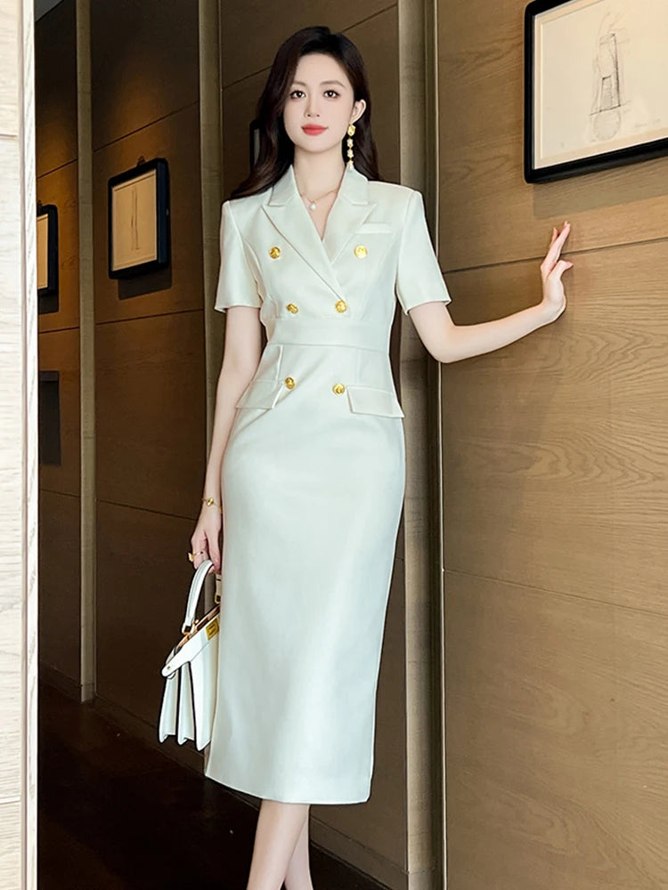 Short Sleeve High Waist Slim Midi Dress Business Formal Pencil Dress-Wear To Work Sets-Arimonz-Arimonz