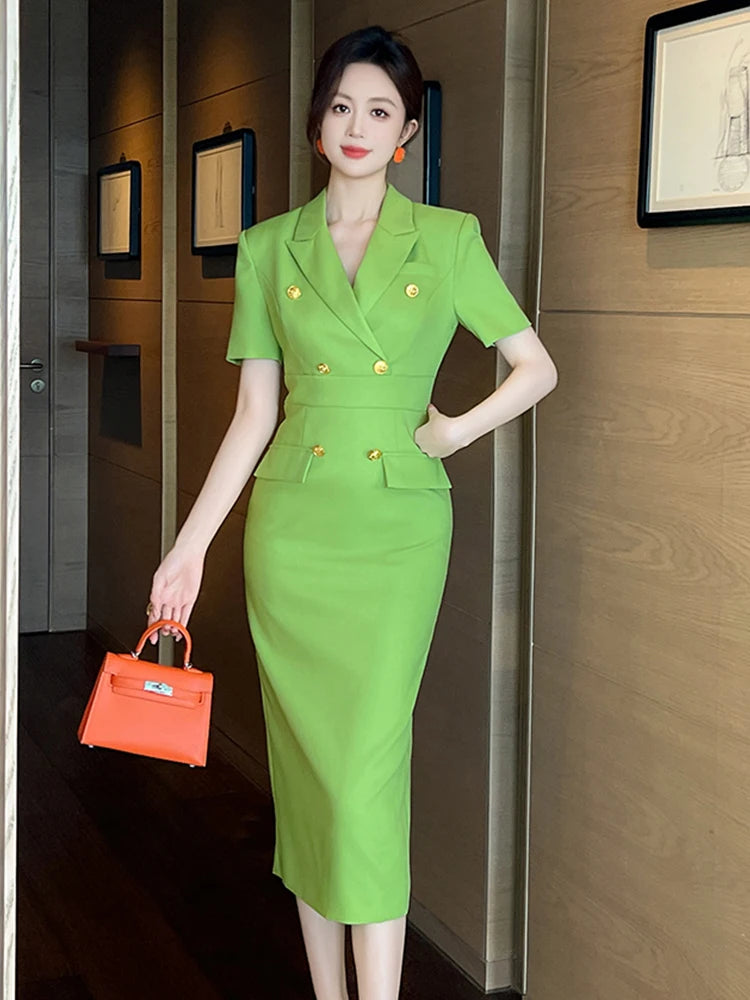 Short Sleeve High Waist Slim Midi Dress Business Formal Pencil Dress-Wear To Work Sets-Arimonz-Arimonz