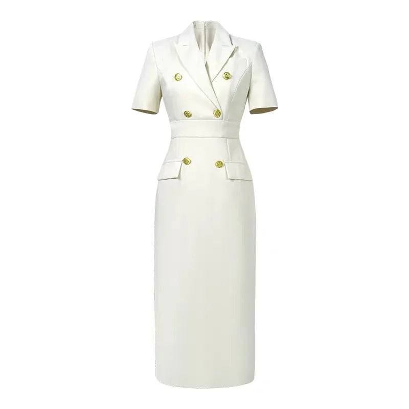 Short Sleeve High Waist Slim Midi Dress Business Formal Pencil Dress-Wear To Work Sets-Arimonz-Beige-S-Arimonz