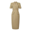 Short Sleeve High Waist Slim Midi Dress Business Formal Pencil Dress-Wear To Work Sets-Arimonz-Khaki-S-Arimonz