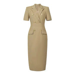 Short Sleeve High Waist Slim Midi Dress Business Formal Pencil Dress-Wear To Work Sets-Arimonz-Khaki-S-Arimonz
