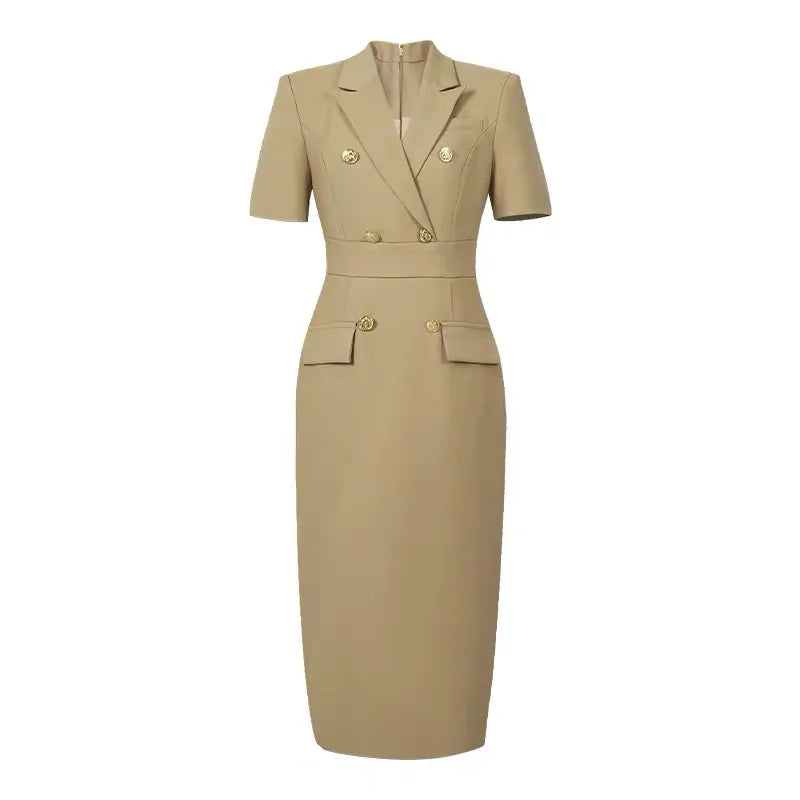 Short Sleeve High Waist Slim Midi Dress Business Formal Pencil Dress-Wear To Work Sets-Arimonz-Khaki-S-Arimonz