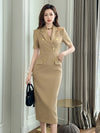 Short Sleeve High Waist Slim Midi Dress Business Formal Pencil Dress-Wear To Work Sets-Arimonz-Arimonz