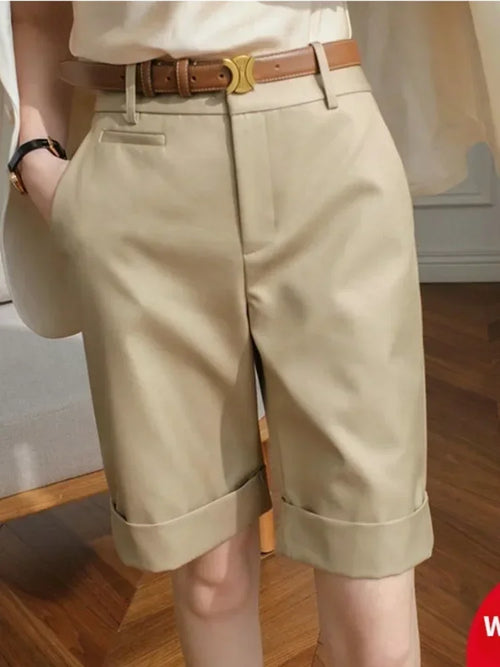 Shorts for Women High Waist Knee Length Straight Pants with Belt-Shorts-Arimonz-Arimonz