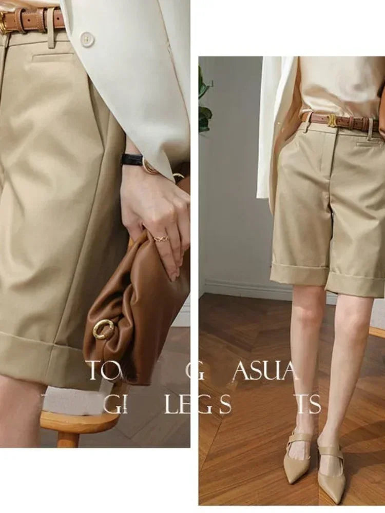 Shorts for Women High Waist Knee Length Straight Pants with Belt-Shorts-Arimonz-Arimonz