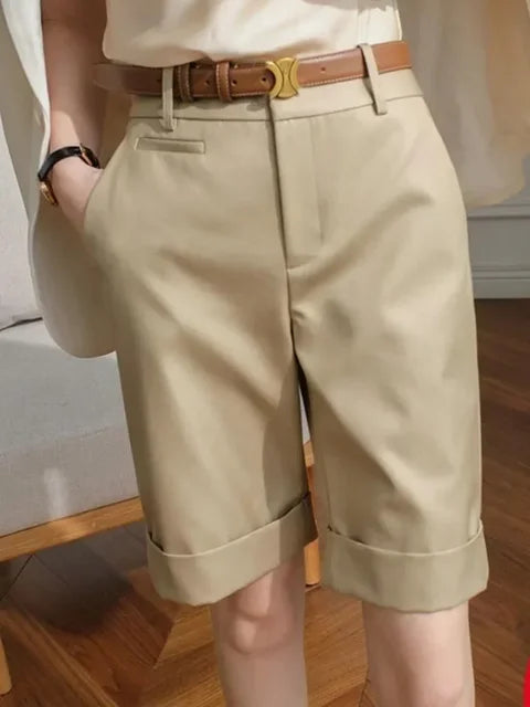Shorts for Women High Waist Knee Length Straight Pants with Belt-Shorts-Arimonz-khaki with belt-L-Arimonz
