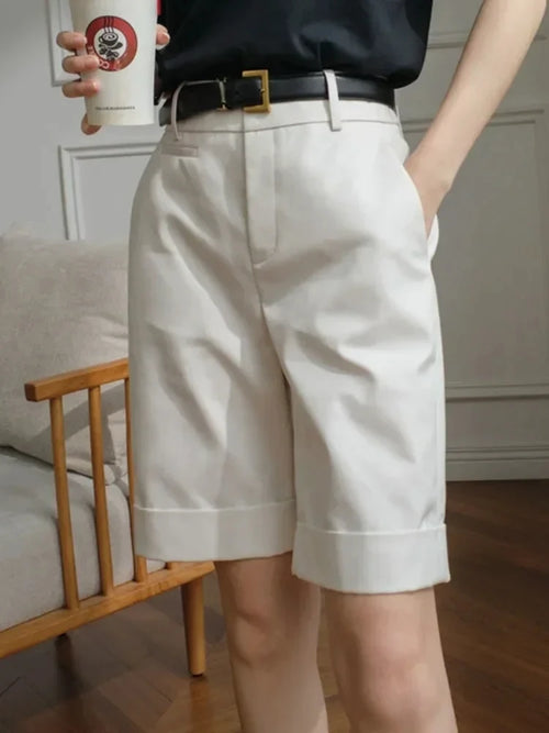 Shorts for Women High Waist Knee Length Straight Pants with Belt-Shorts-Arimonz-Arimonz