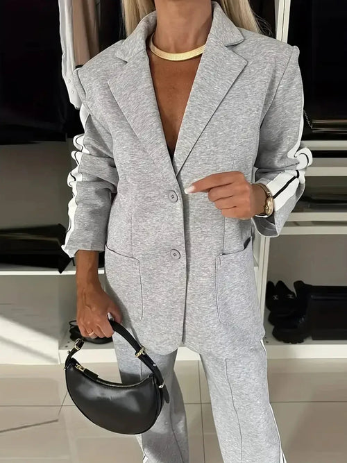 Side Striped Single Breasted Long Sleeved Lapel Jacket and Pants Set-Wear To Work Sets-Arimonz-Arimonz
