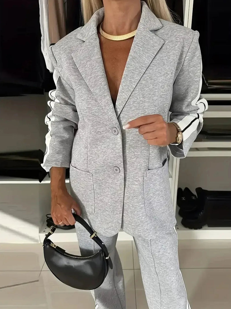 Side Striped Single Breasted Long Sleeved Lapel Jacket and Pants Set-Wear To Work Sets-Arimonz-Arimonz