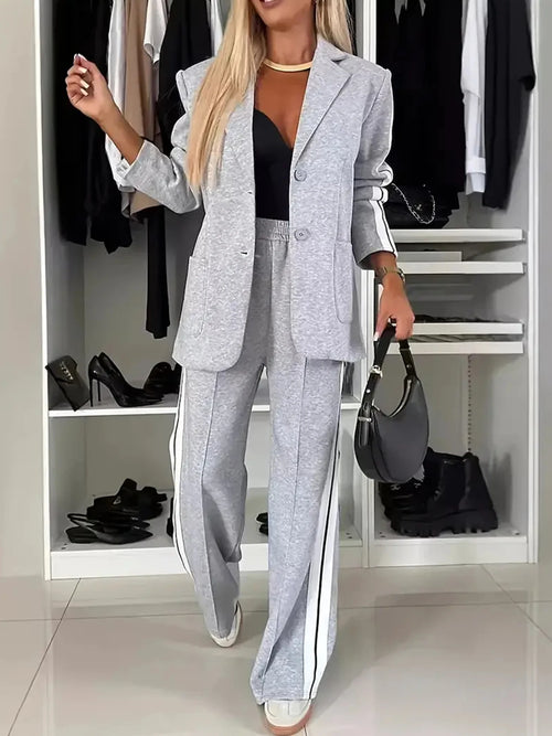 Side Striped Single Breasted Long Sleeved Lapel Jacket and Pants Set-Wear To Work Sets-Arimonz-Gray-S-Arimonz