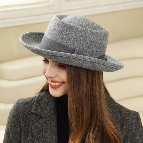 Simple Fashion Bow Wool Top Hat Retro British Style Rolled Brim Hat-Hats-Arimonz-Arimonz