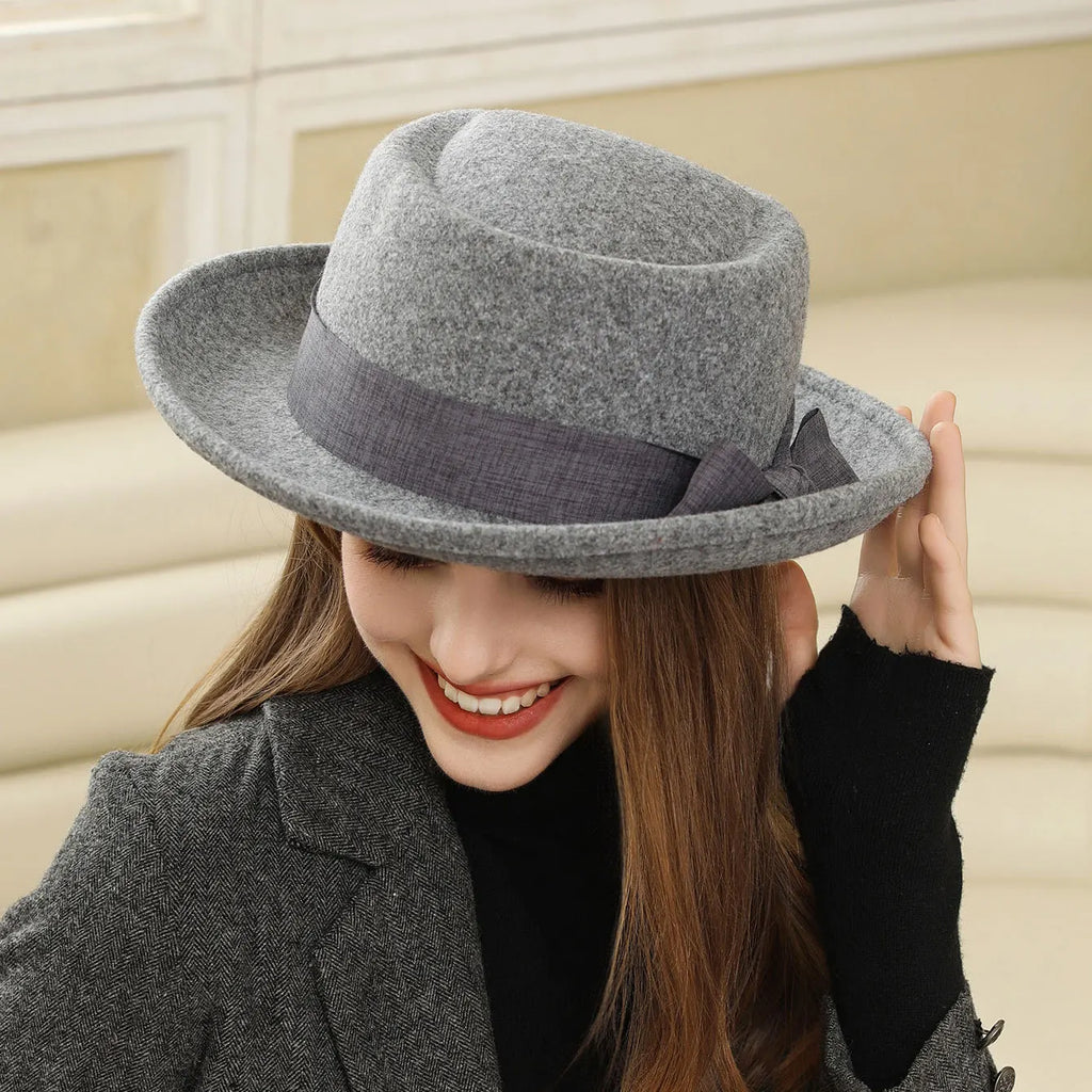 Simple Fashion Bow Wool Top Hat Retro British Style Rolled Brim Hat-Hats-Arimonz-Arimonz