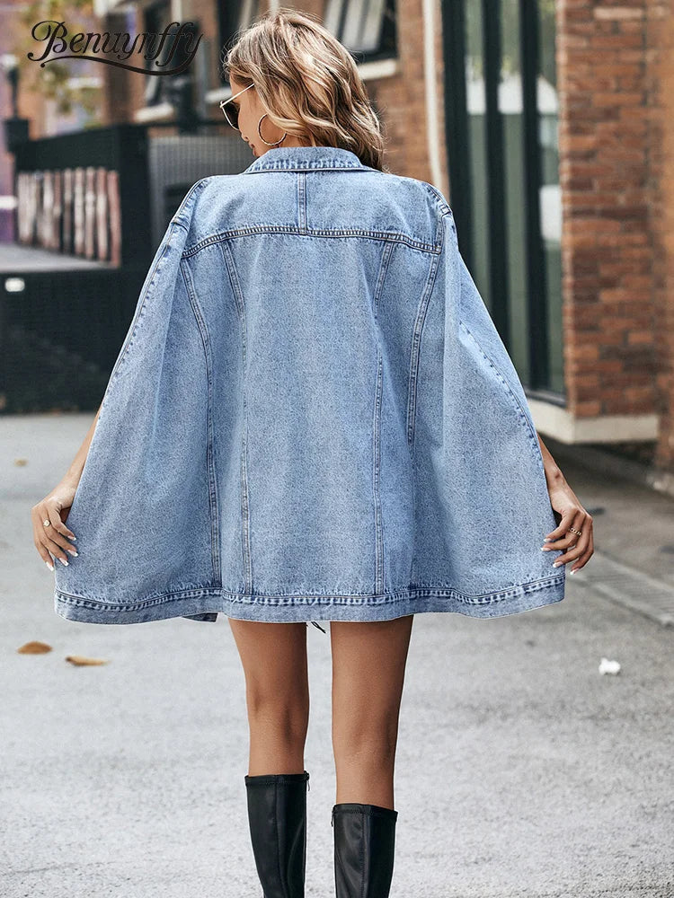 Single Breasted Cape Denim Coat Women Vintage Pocket Loose Jean Jacket-Jean Jackets-Arimonz-Arimonz