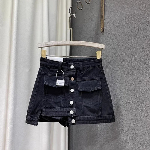 Single-breasted Mini Denim Skirt Women A-line Asymmetrical Skirts-Denim Skirts-Arimonz-Arimonz