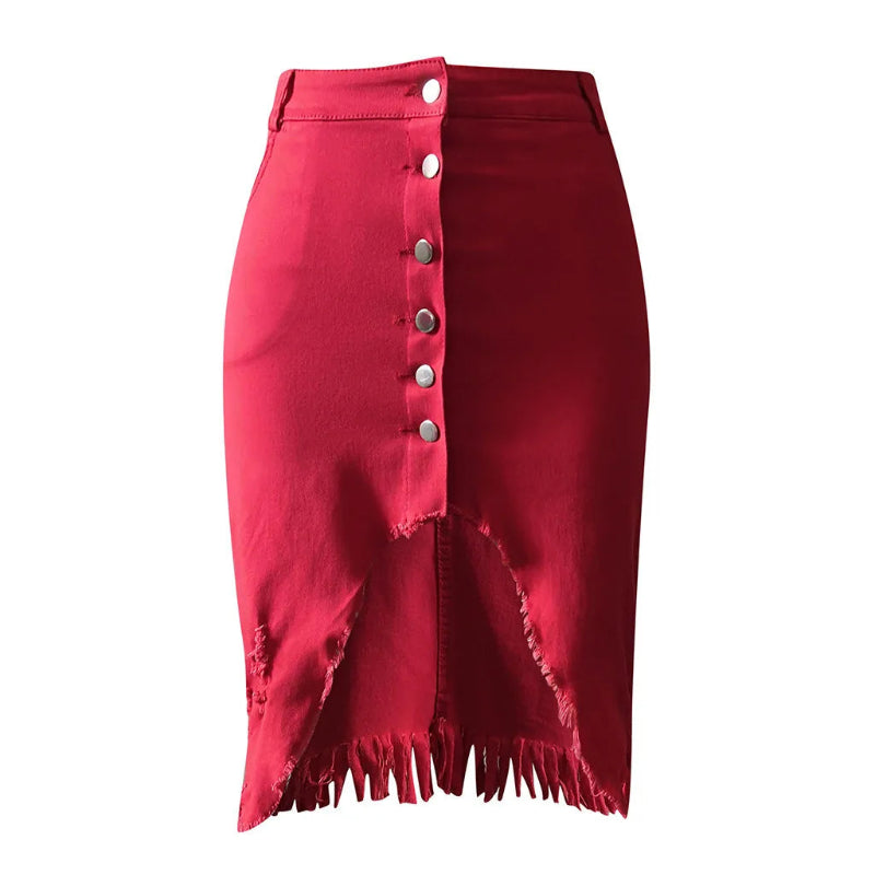 Single Breasted Solid Color Stretch Denim Skirt A-Line Casual Skirt-Skirts-Arimonz-Red-S-Arimonz
