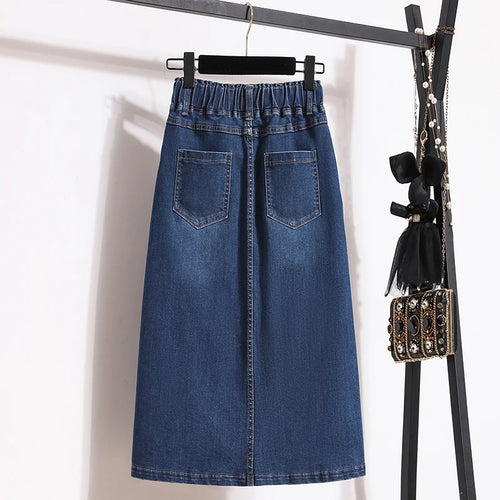 Single Breasted Split Skirt A Line Elastic Waist Casual Pocket Skirt-Denim Skirts-Arimonz-Arimonz