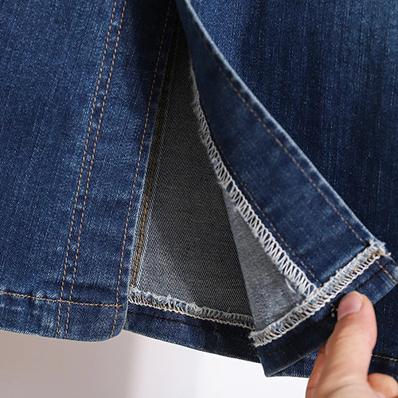 Single Breasted Split Skirt A Line Elastic Waist Casual Pocket Skirt-Denim Skirts-Arimonz-Arimonz