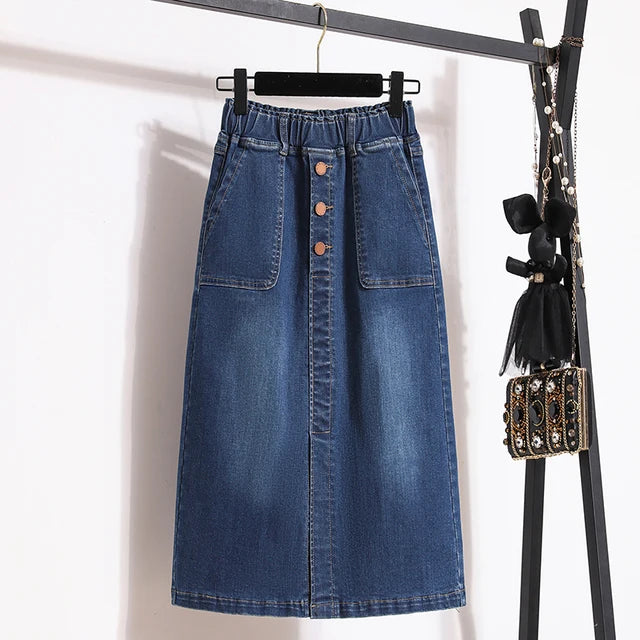 Single Breasted Split Skirt A Line Elastic Waist Casual Pocket Skirt-Denim Skirts-Arimonz-Blue-4XL-Arimonz