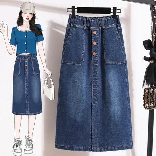 Single Breasted Split Skirt A Line Elastic Waist Casual Pocket Skirt-Denim Skirts-Arimonz-Arimonz