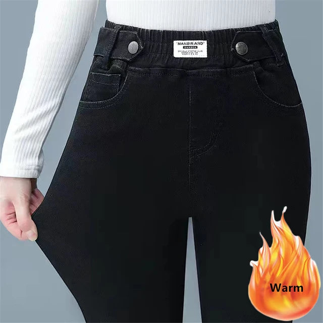 Skinny Denim Pencil Pants Women Casual Plush Velvet Lined Warm Jeans-Skinny Jeans-Arimonz-button black-26-Arimonz