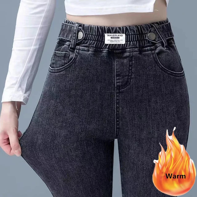 Skinny Denim Pencil Pants Women Casual Plush Velvet Lined Warm Jeans-Skinny Jeans-Arimonz-button black grey-26-Arimonz