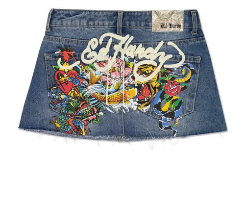 Skirts for Women Retro Gothic Print Denim Skirt Y2k Mini Skirt-Denim Skirts-Arimonz-Arimonz