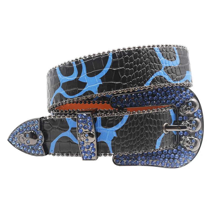 Skull Rhinestone Belts Crystal Studded Diamond Bling Bling Belt-Belts-Arimonz-HW-Blue-115CM/45inches-Arimonz