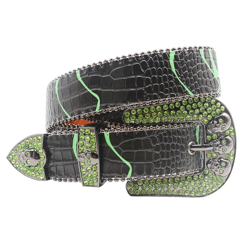 Skull Rhinestone Belts Crystal Studded Diamond Bling Bling Belt-Belts-Arimonz-HW-Green-125cm/49inches-Arimonz