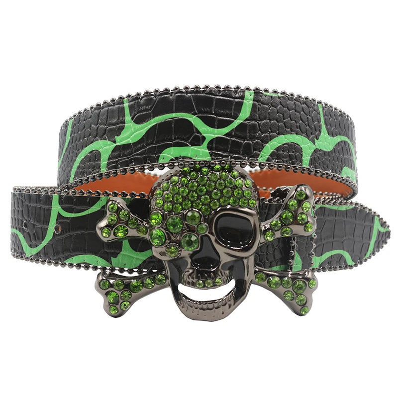 Skull Rhinestone Belts Crystal Studded Diamond Bling Bling Belt-Belts-Arimonz-HWKLT-Green-125cm/49inches-Arimonz