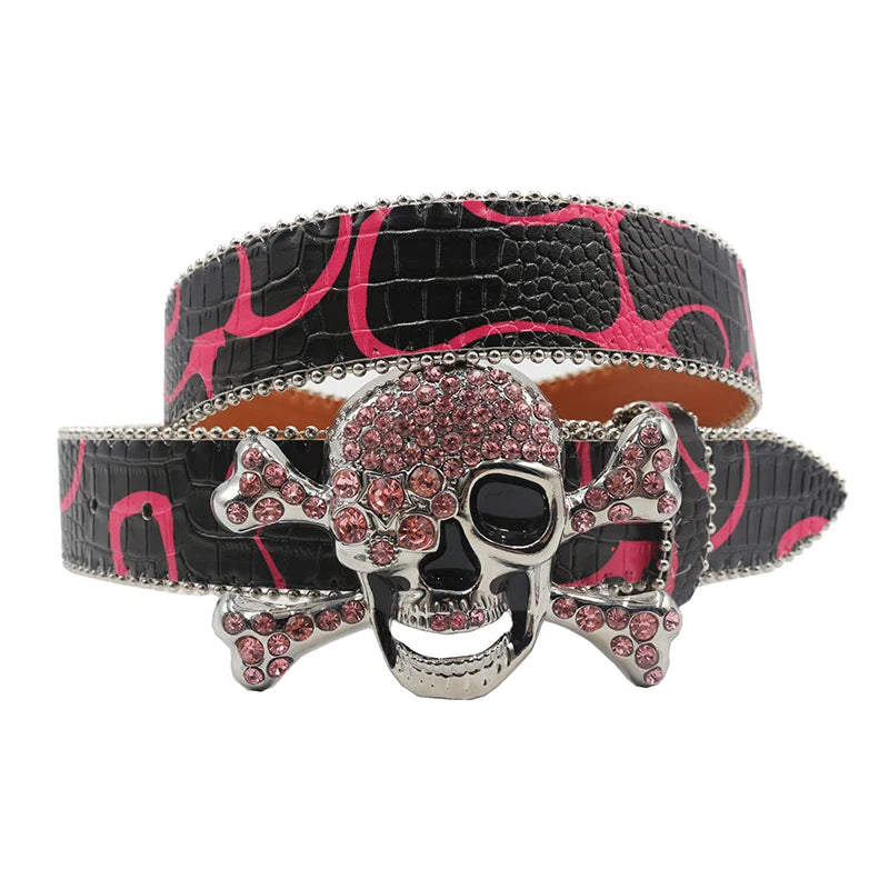 Skull Rhinestone Belts Crystal Studded Diamond Bling Bling Belt-Belts-Arimonz-HWKLT-Pink-115CM/45inches-Arimonz