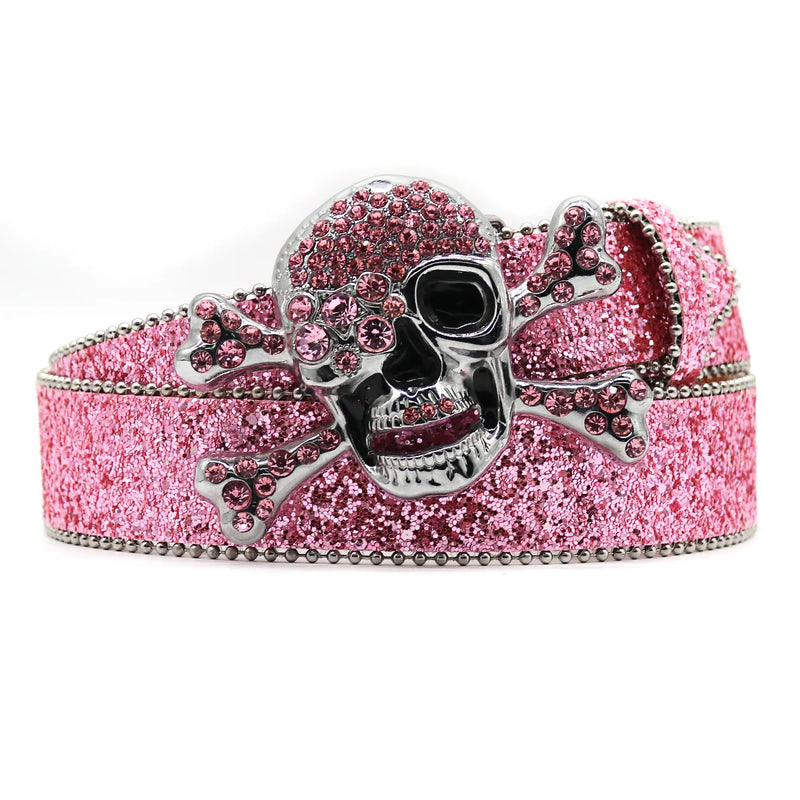 Skull Rhinestone Belts Crystal Studded Diamond Bling Bling Belt-Belts-Arimonz-KLT-Pink-115CM/45inches-Arimonz